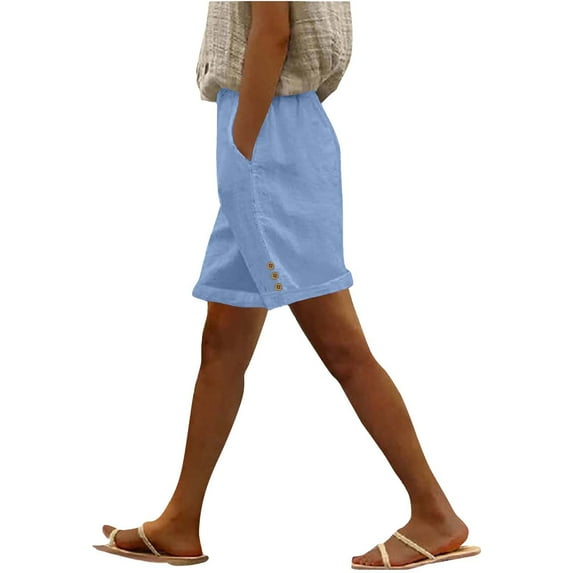 hotojiny Cotton Linen Shorts for Women Beach Vacation Trendy Clothes Lounge Side Button Rolled up Shorts with Pockets