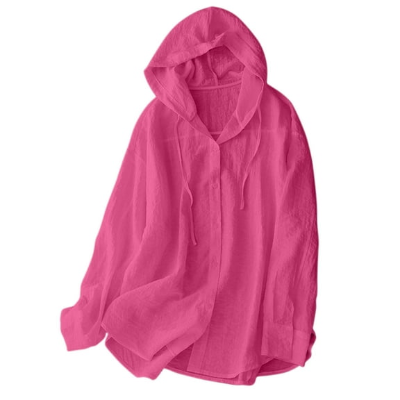 hotojiny Cotton Linen Sweatshirt for Women Loose Fit Casual Long Sleeve Hooded Sweatshirts Breathable Button down Beach Top