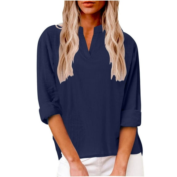 hotojiny Cotton Linen Tops for Women Casual Long Sleeve V Neck Solid Color Shirts Lightweight Soft Fall Blouses