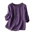 thumbnail image 1 of hotojiny Cotton Linen Tops for Women Casual Loose 3/4 Sleeve Round Neck Shirt Button down Fashion Solid Color Tshirts Basic Blouses, 1 of 5