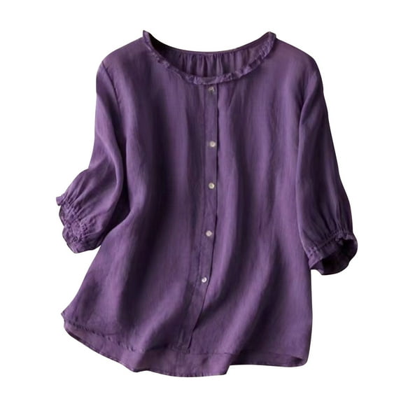 hotojiny Cotton Linen Tops for Women Casual Loose 3/4 Sleeve Round Neck Shirt Button down Fashion Solid Color Tshirts Basic Blouses