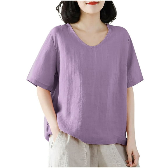 hotojiny Cotton Linen Tops for Women Casual Loose Half Sleeve T Shirt Vintage Breathable Summer V Neck Plus Size Basic Tee