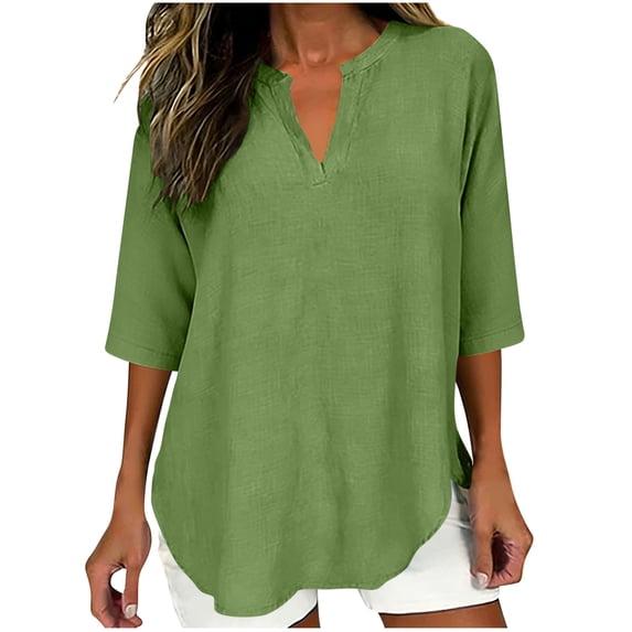 hotojiny Cotton Linen Tops for Women Lightweight Half Sleeve V Neck Flowy Blouses Casual Loose Fit Boho Fashion T-Shirts