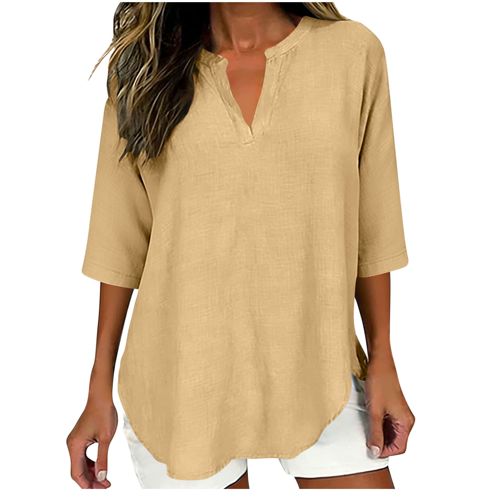 hotojiny Cotton Linen Tops for Women Lightweight Half Sleeve V Neck ...