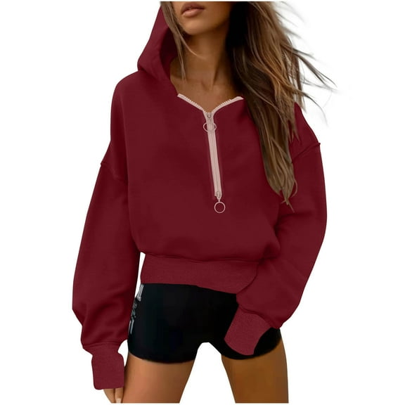 hotojiny Crop Hoodie Sweatshirt for Women Half Zip Long Sleeve Loose Pullover Tops Fall Winter Fashion Clothes