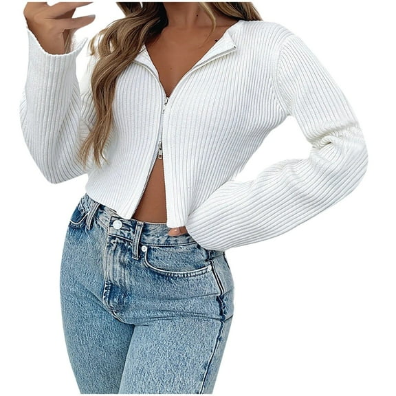 hotojiny Crop Sweater for Women Fall Zip Up Long Sleeve Slim Cardigan Fashion V Neck Ribbed Knit Tops Sweaters