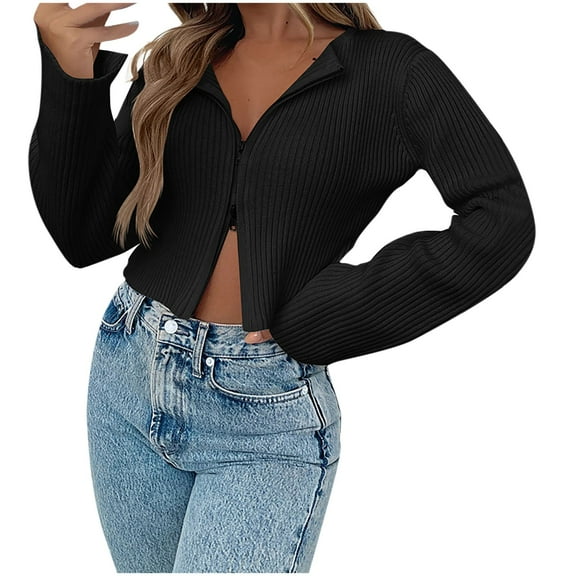 hotojiny Crop Sweater for Women Fall Zip Up Long Sleeve Slim Cardigan Fashion V Neck Ribbed Knit Tops Sweaters