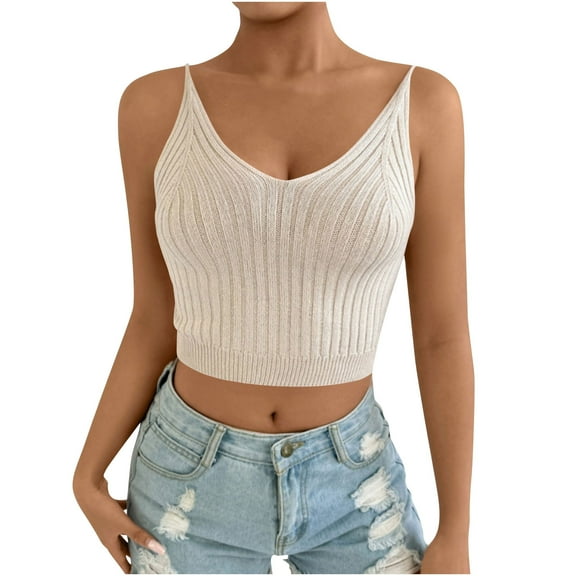 hotojiny Crop Tops for Women Casual V Neck Ribbed Knit Cami Shirt Stretch Spaghetti Strap Sleeveless Tee Summer Clothes