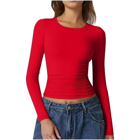 hotojiny Crop Tops for Women Stretchy Slim Fitted Ruched Basic Tee Casual Crew Neck Solid Color Going out Tight Tee