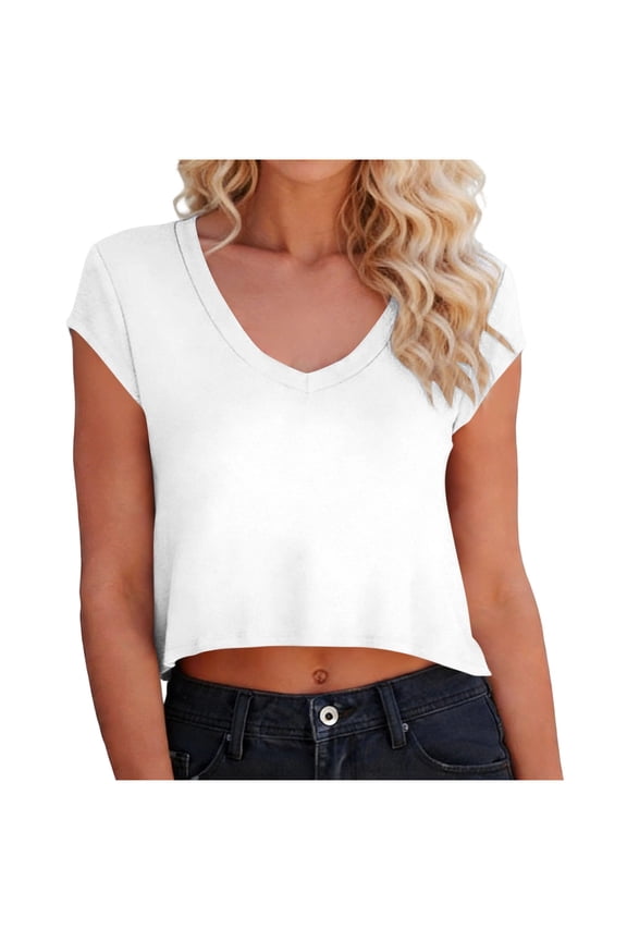 Crop Tops for Women Summer Casual V Neck Short Sleeve T-Shirts Solid Loose Fit Cute Basic Flowy Tee Clothes Streetwear