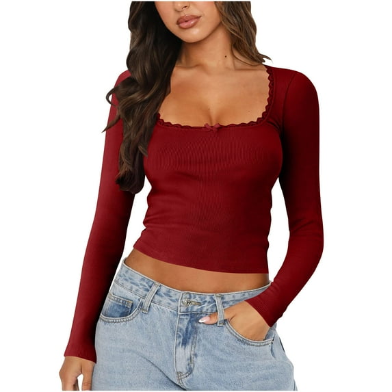 hotojiny Cropped Going out Tops for Women Spring Summer Trendy Knit Ribbed Shirt Casual Long Sleeve Square Neck T Shirts
