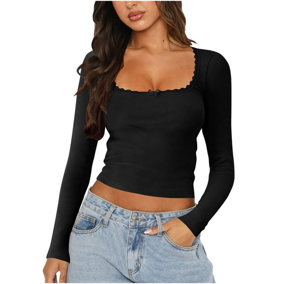 hotojiny Cropped Going out Tops for Women Spring Summer Trendy Knit Ribbed Shirt Casual Long Sleeve Square Neck T Shirts