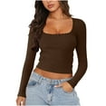 thumbnail image 1 of hotojiny Cropped Going out Tops for Women Spring Summer Trendy Knit Ribbed Shirt Casual Long Sleeve Square Neck T Shirts, 1 of 6