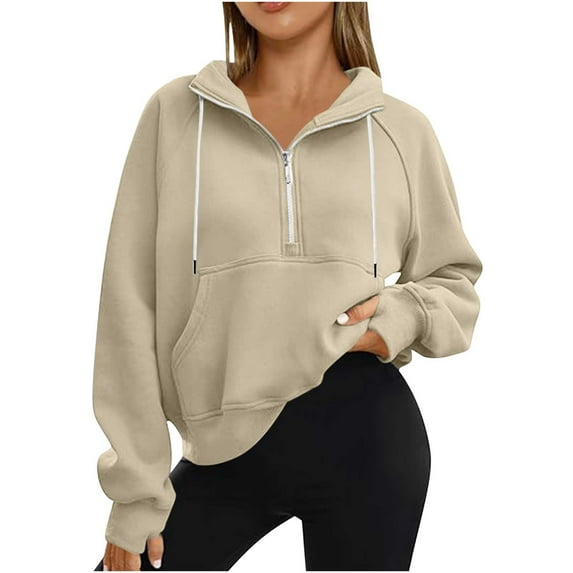 hotojiny Cropped Hoodies Sweatshirt for Women Casual Quarter Zip Long Sleeve Pullover Lounge Trendy Shirts with Pocket