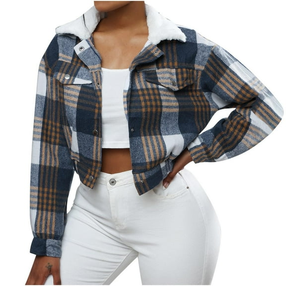hotojiny Cropped Jackets for Women Lightweight Warm Plaid Shacket Fuzzy Collar Button Down Fleece Winter Coat Streetwear S-XXl