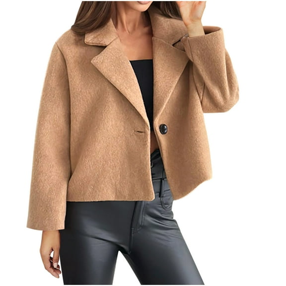 hotojiny Cropped Pea Coat for Women Casual Button Trench Outerwear Winter Trendy Long Sleeve Lapel Wool Jackets