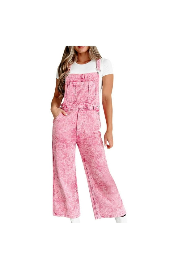 Denim Jumpsuits for Women Wide Leg Capri Jean Overalls Casual Loose Adjustable Strap Rompers with Pockets