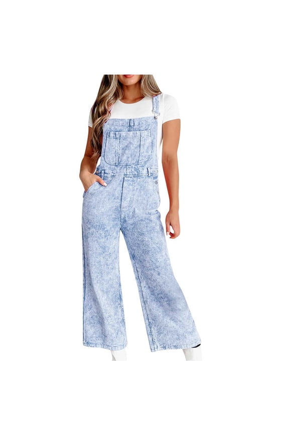 Denim Jumpsuits for Women Wide Leg Capri Jean Overalls Casual Loose Adjustable Strap Rompers with Pockets