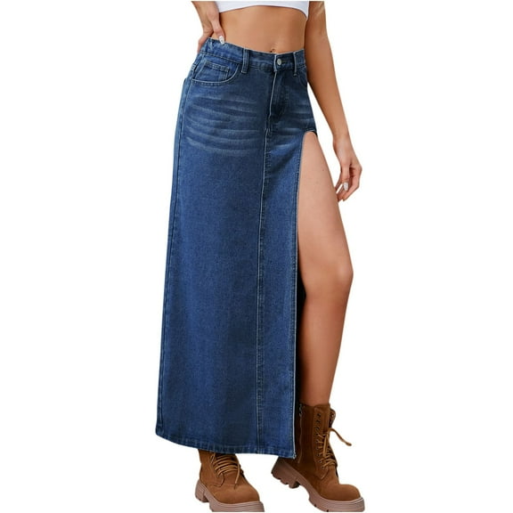 hotojiny Denim Skirt for Women Summer Button High Waist Maxi Skirts Trendy Side Slit Beach Long Skirts with Pockets