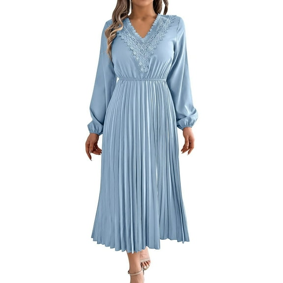 hotojiny Dresses for Women Long Sleeve Lace V Neck Wedding Gues Dress Flowy Pleated A-Line Dresses for Beach Vaction