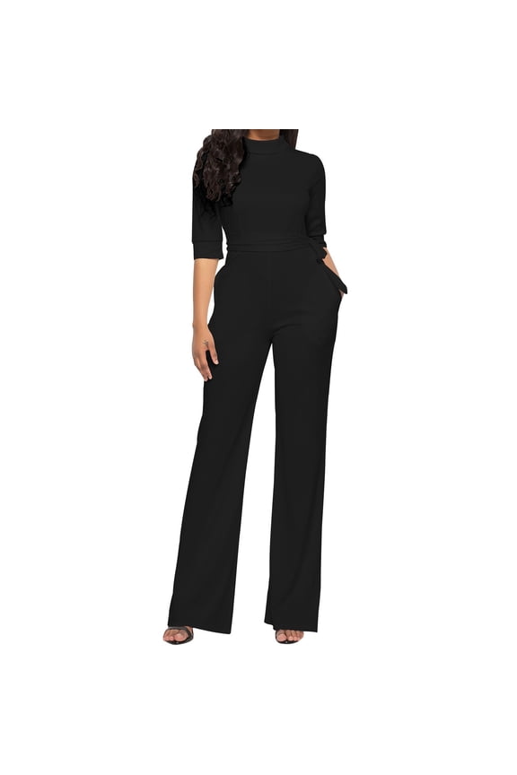 Dressy Romper for Women Elegant Fashion 3/4 Sleeve Mock Neck Work Jumpsuits Business Palazzo Pants Romper