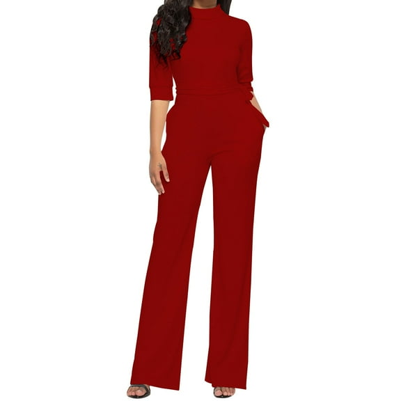 hotojiny Dressy Romper for Women Elegant Fashion 3/4 Sleeve Mock Neck Work Jumpsuits Business Palazzo Pants Romper
