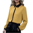 thumbnail image 1 of hotojiny Dressy Tops for Women Color Block Short Sleeve Silk Satin Blouse Regular Fit Button Down Business Casual Office Top, 1 of 6