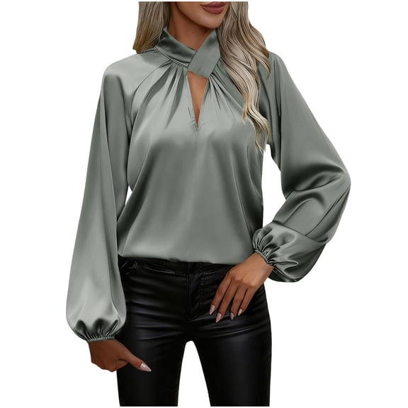 hotojiny Dressy Tops for Women Office Work Lantern Long Sleeve Shirts Elegant Keyhole Pleated Silk Satin Blouses Spring Outfit
