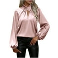 thumbnail image 1 of hotojiny Dressy Tops for Women Office Work Lantern Long Sleeve Shirts Elegant Keyhole Pleated Silk Satin Blouses Spring Outfit, 1 of 7