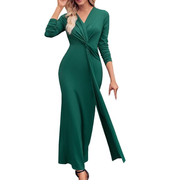 hotojiny Fall Dresses for Women Elegant V Neck Long Sleeve Bodycon Maxi Dress Cocktail Party Club Long Dresses
