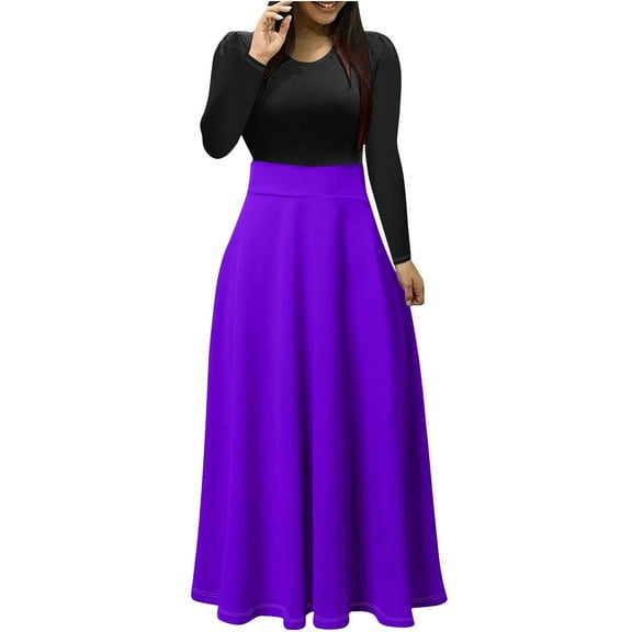 hotojiny Fall Dresses for Women Long Sleeve Crew Neck Fashion Patchwork Maxi Dress Party Cocktail Long Dress