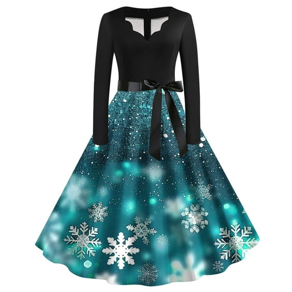 hotojiny Fall Dresses for Women Long Sleeve V Neck Christmas Printed Midi Dress Fashion Cocktail Party Dresses
