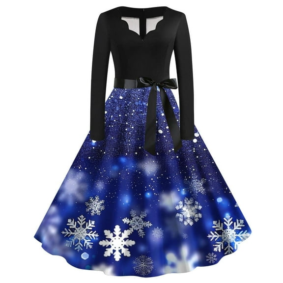 hotojiny Fall Dresses for Women Long Sleeve V Neck Christmas Printed Midi Dress Fashion Cocktail Party Dresses