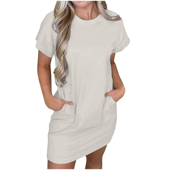 hotojiny Fall Dresses for Women Short Sleeve Lightweight T-Shirt Dresses Crew Neck Casual Sundress with Pockets