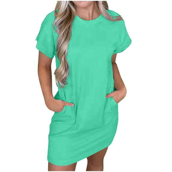 hotojiny Fall Dresses for Women Short Sleeve Lightweight T-Shirt Dresses Crew Neck Casual Sundress with Pockets