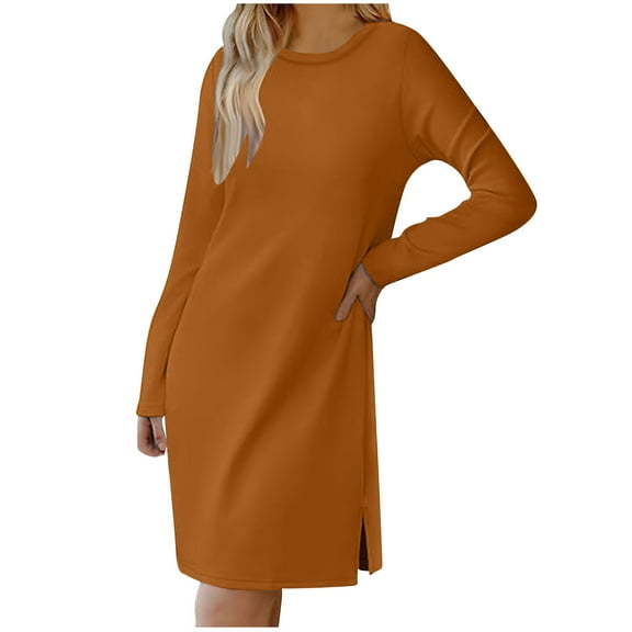 hotojiny Fall Fashion Dresses for Women Casual Long Sleeve Crew Neck Mini Dress Side Slit Loose Tunic Dresses