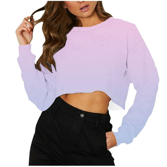 hotojiny Fall Fashion Women Crew Neck Crop Tops Long Sleeve Lightweigh Tee Shirt Loose Cropped Sweatshirts