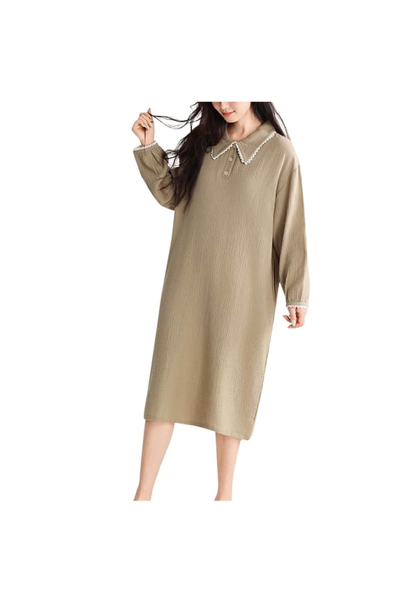 Fall Nightgowns for Women Long Sleeve Sleepshirts Classic Solid Color Nightshirt Mid Length Sleepwear Casual Pajama Dress