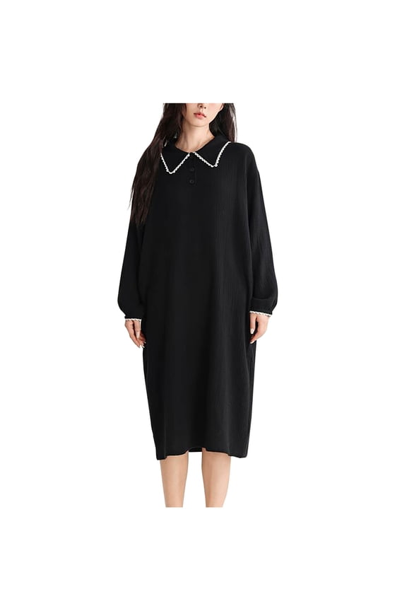 Fall Nightgowns for Women Long Sleeve Sleepshirts Classic Solid Color Nightshirt Mid Length Sleepwear Casual Pajama Dress