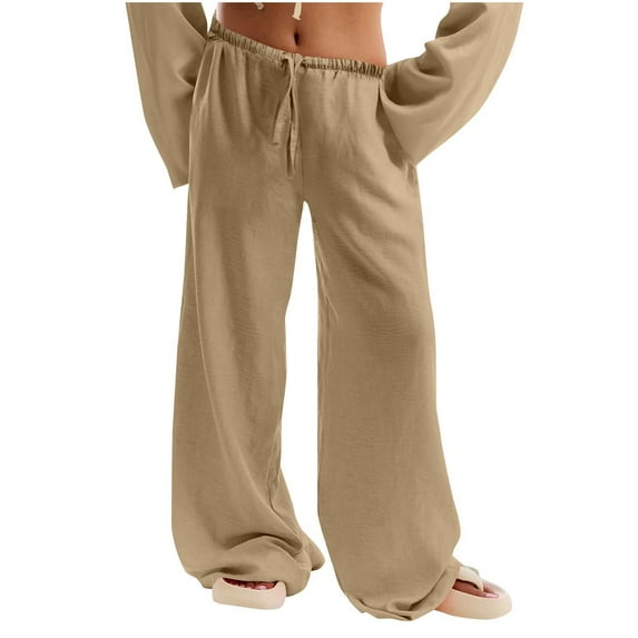 hotojiny Fall Pants for Women Low Rise Wide Leg Pants Cotton Linen Casual Loose Summer Trousers with Drawstring S-XXl