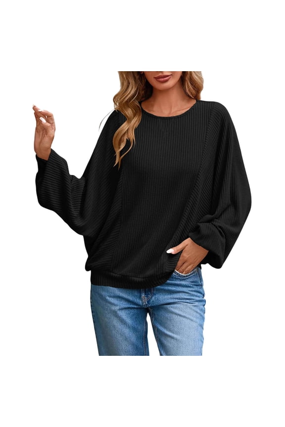 Fall Sweaters for Women Casual Long Sleeve Oversized Top Loose Fit Crew Neck Solid Soft Ribbed Knitted Pullover