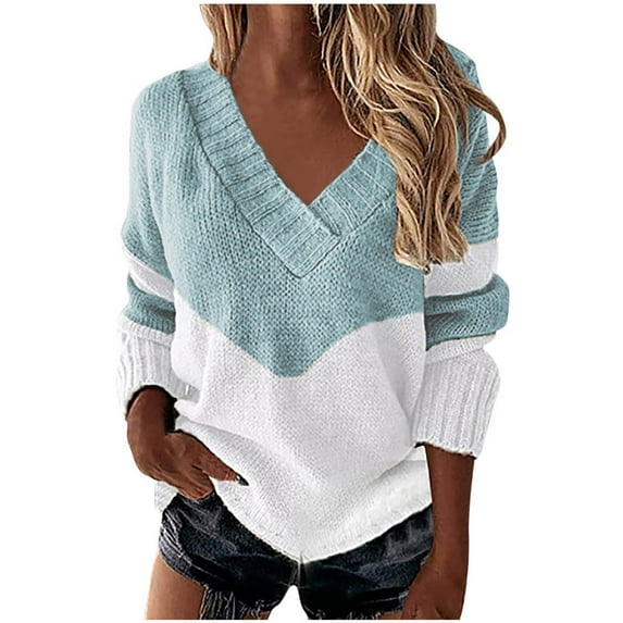 hotojiny Fall Sweaters for Women Trendy Color Block Knit V Neck Shirts Casual Comfy Long Sleeve Pullover Tops