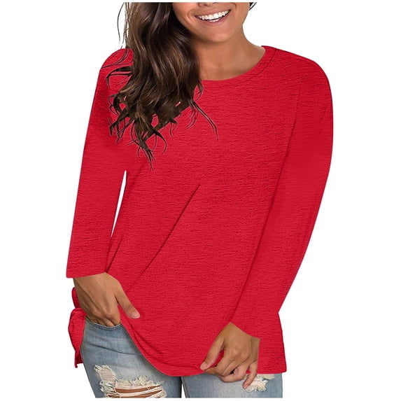 hotojiny Fall Tops for Women Plus Size Crew Neck Casual T Shirts Long Sleeve Solid Color Lightweight Tunic Tops