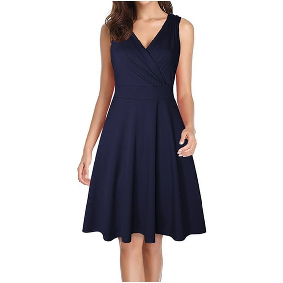 hotojiny Fall Wedding Guest Dresses for Women Sleeveless V Neck A-Line Midi Dress Formal Cocktail Evening Party Dress