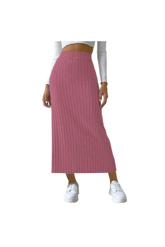 Fall Women Maxi Skirt Plus Size Ribbed Knit Slim Bodycon Skirt High Waisted Side Slit Casual Long Skirts