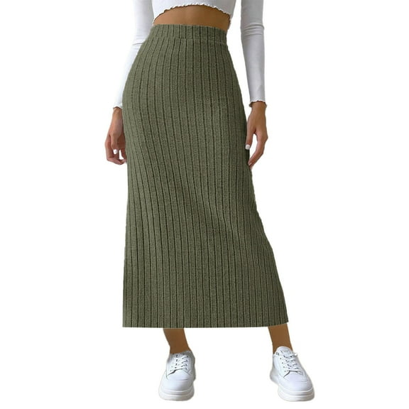 hotojiny Fall Women Maxi Skirt Plus Size Ribbed Knit Slim Bodycon Skirt High Waisted Side Slit Casual Long Skirts