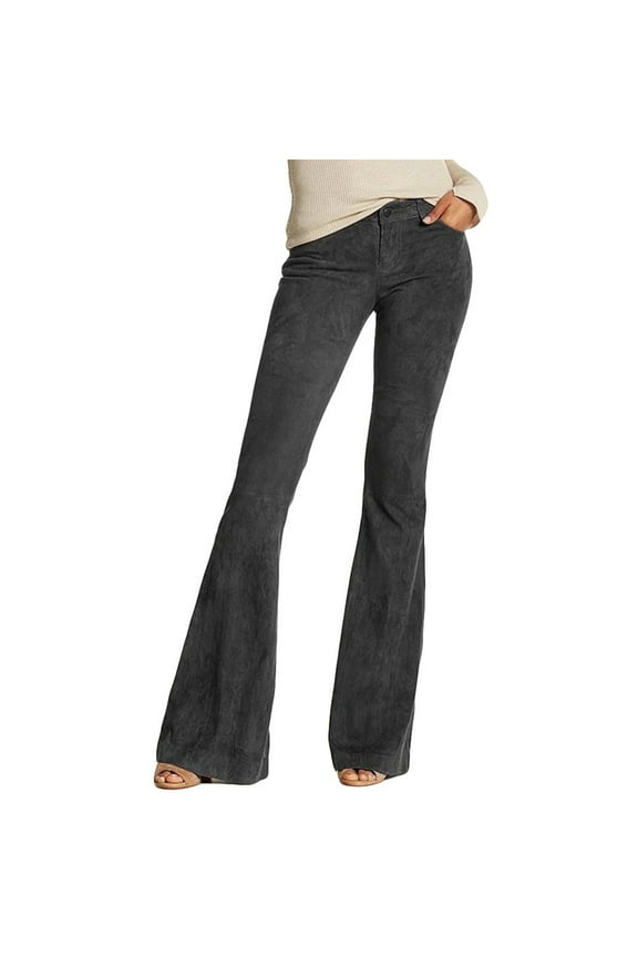 Fall Women's Flare Pants Mid Waisted Solid Bootcut Trousers with Pockets Stretchy Pants for Casual Work