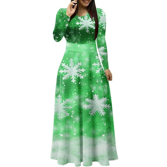 hotojiny Fashion Dresses for Women Long Sleeve Christmas Printed Maxi Dress Crew Neck Casual Long Dress for Party