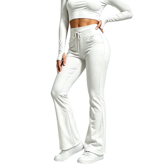 hotojiny Flare Leggings for Women Comfy Bootcut Yoga Pants Drawstring Strenchy High Waist Bell Bottoms Sweatpants(White,X-Large)