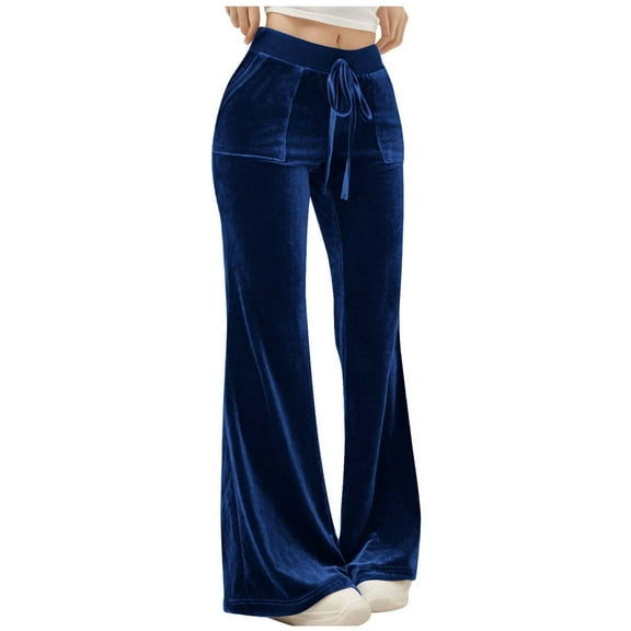 hotojiny Flare Pants for Women Velvet Elastic Waisted Wide Leg Pull on Trousers Fashion Drawstring Bootcut Fall Pants with Pockets